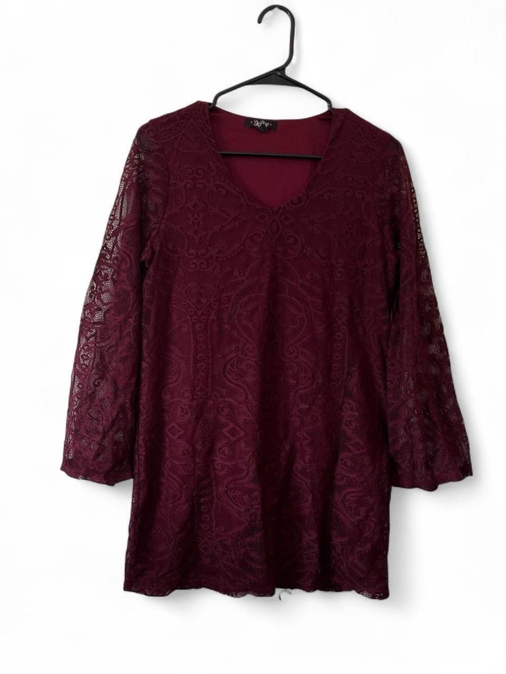 Women’s Medium Long Sleeve Burgundy Lace Dress Layered Floral Paisley BeBop